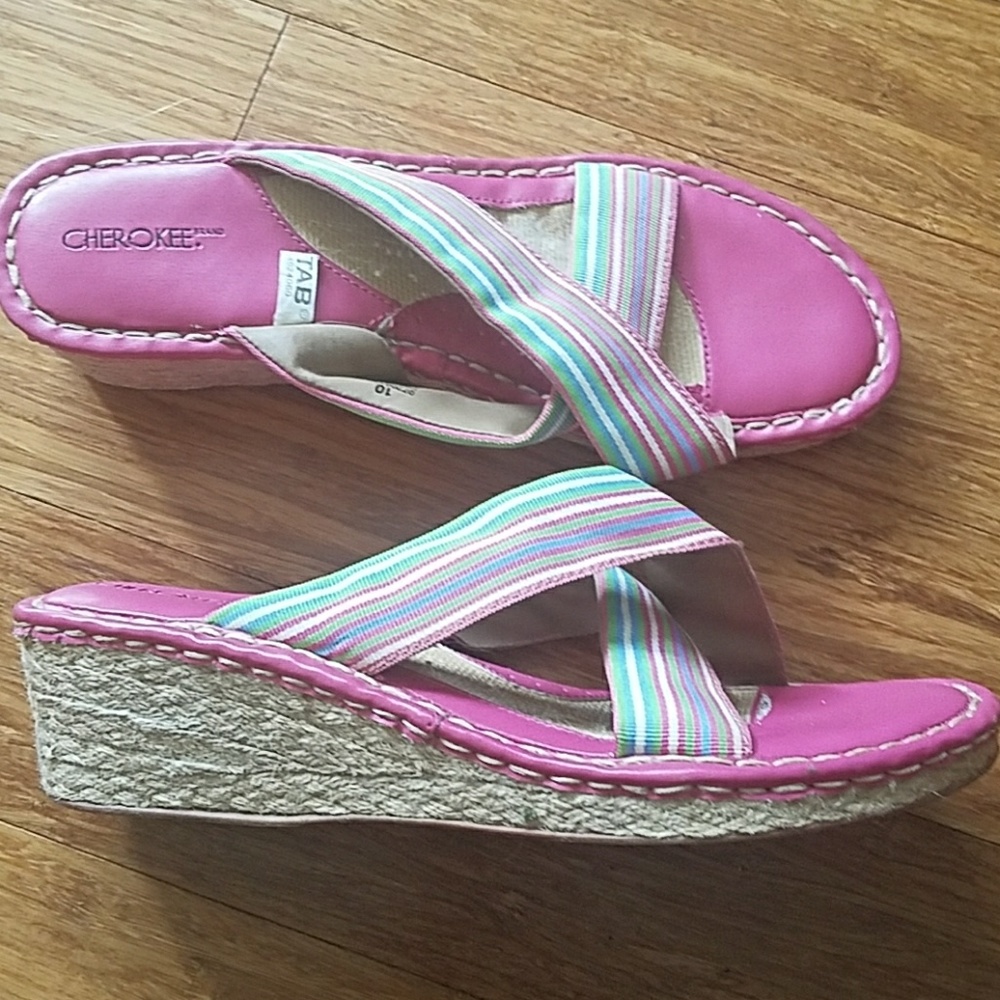 Pink candy stripe raffia wedge sandals 10